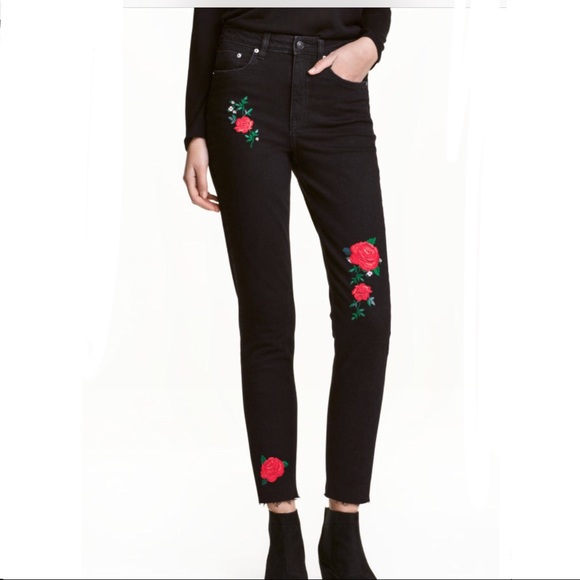 black rose embroidered jeans
